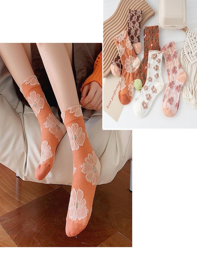 UINSUE Mid Tube Crew Socks with Lace Ruffled Cuffs Delicate Embroidered Floral and Ruffle Designs Assorted Colors Pack of 5 Suitable for Women's Size 5-10 - Image 2
